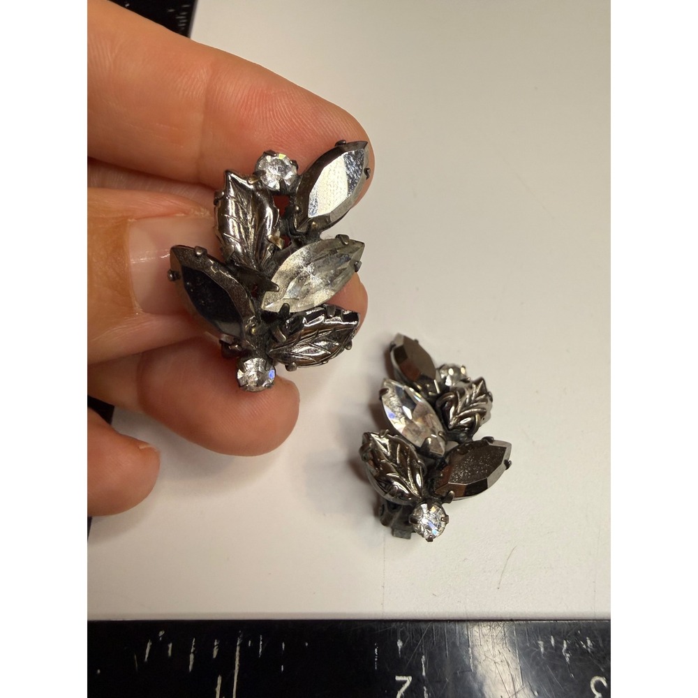 Gunmetal Rhinestone Leaf Clip On Earrings Smoky Crystal Botanical Cluster